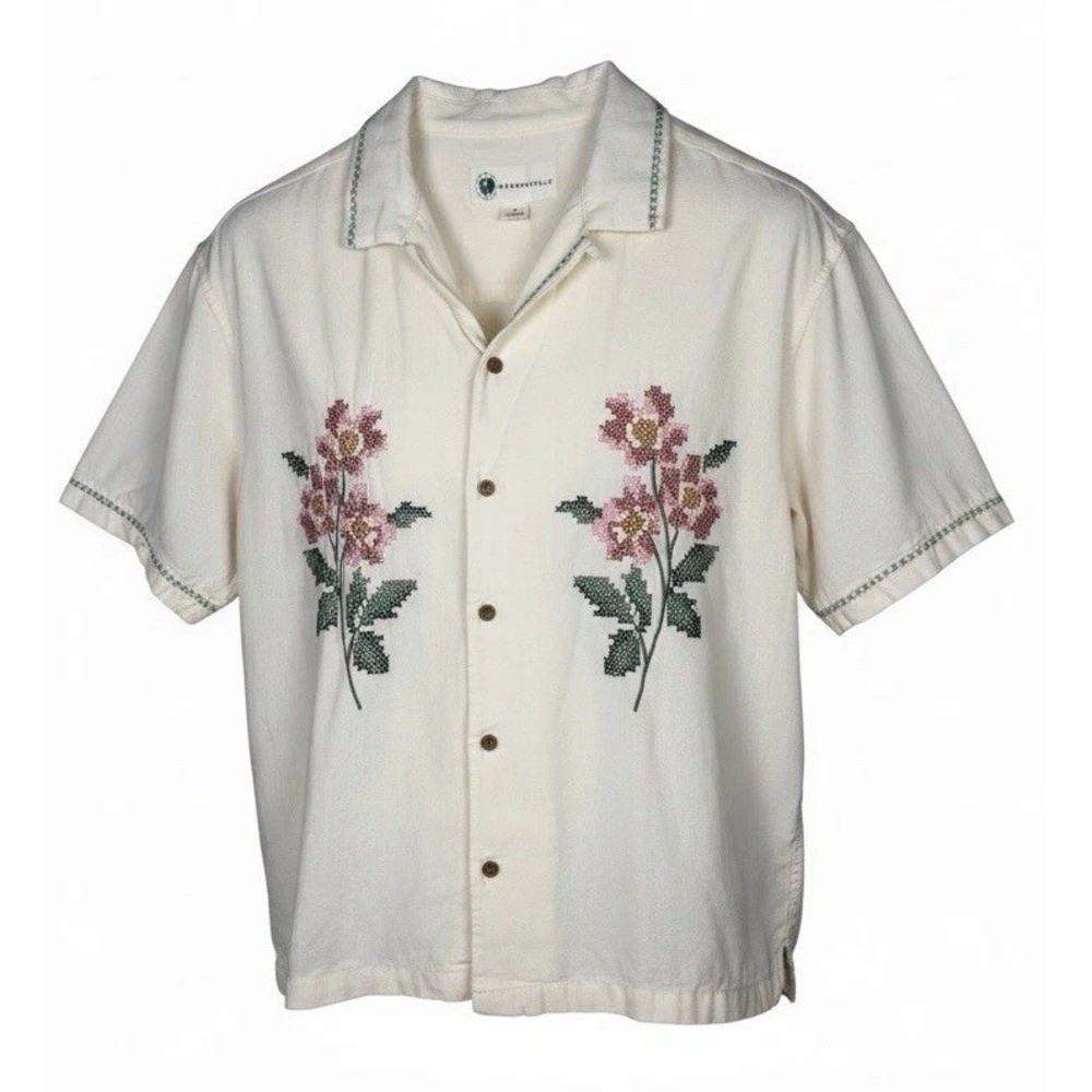 Aeropostale Mens Small Floral Embriodered Boxy Linen Cotton Blend Camp Shirt